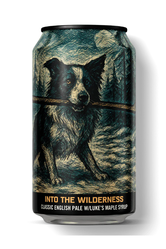 Beer can with a dog illustration and text on a white background