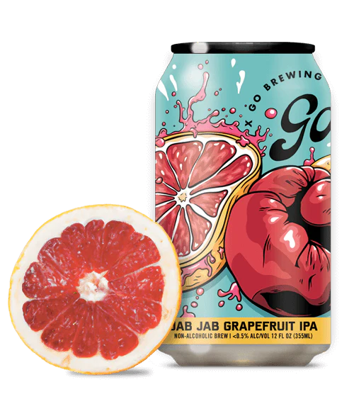 Go Brewing Jab Jab Grapefruit IPA can with a grapefruit slice on a white background