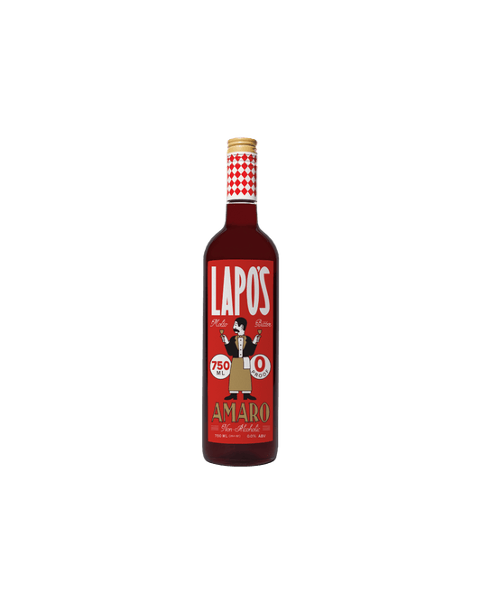 Bottle of Lapo's Amaro on a green background