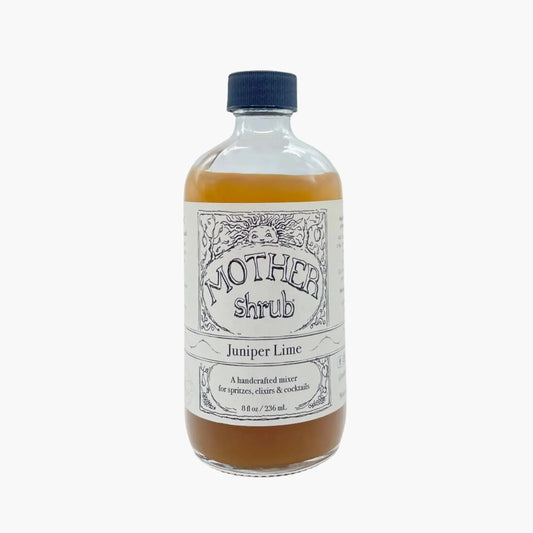 Bottle of 'Mother Shrub' Juniper Lime mixer on a white background