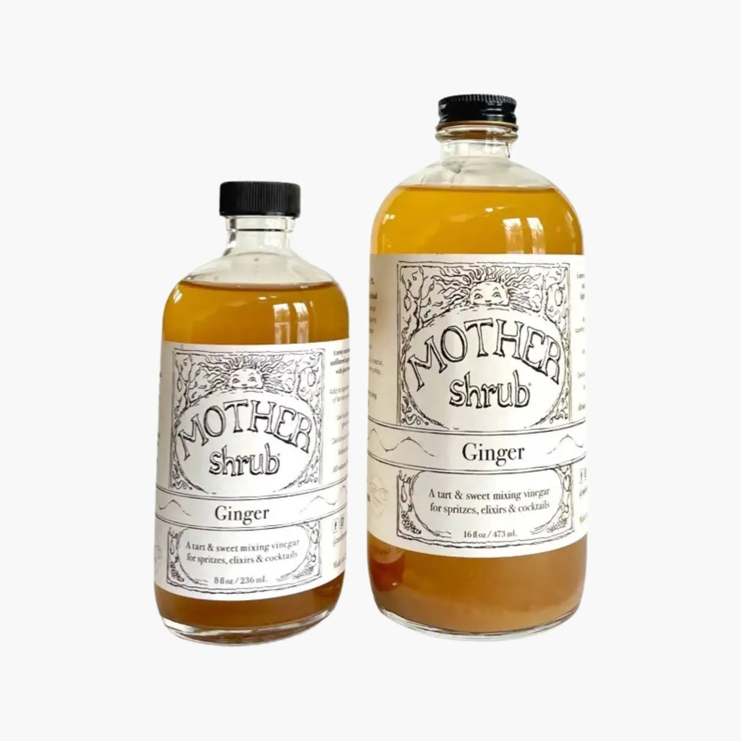Two bottles of Mother Shrub Ginger on a white background