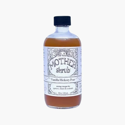 Bottle of Mother shrub Vanilla Hickory Pear on a white background