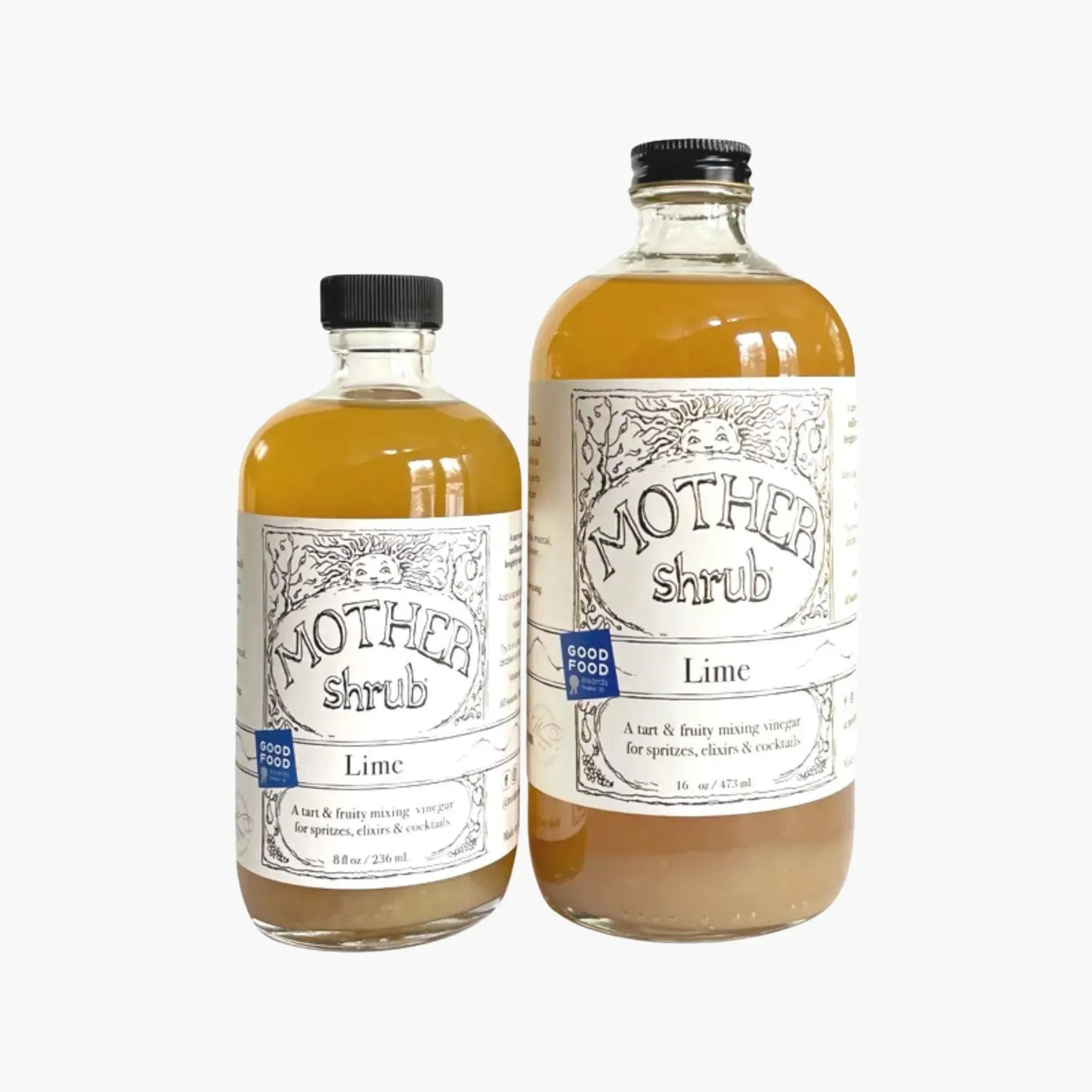Two bottles of Mother Shrub Lime on a white background