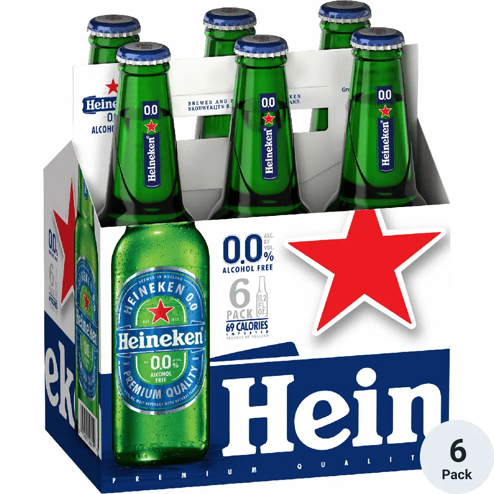 Heineken 0.0% alcohol-free beer six-pack with a red star logo on a white background