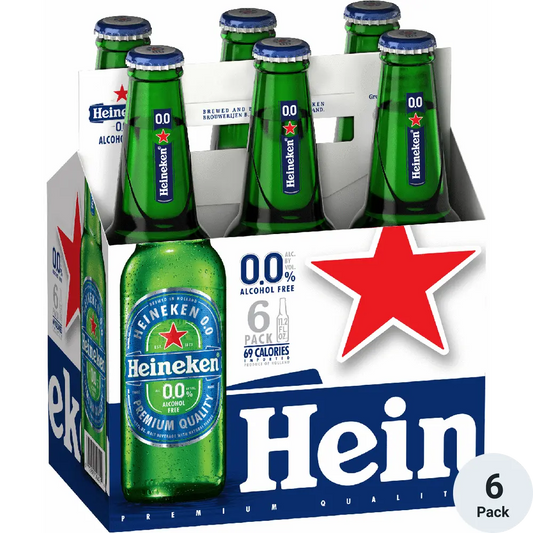 Heineken 0.0% alcohol-free beer six-pack with a red star logo on a white background
