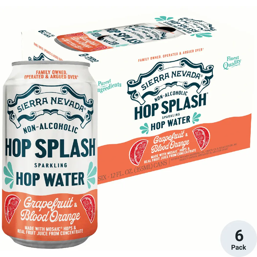 Sierra Nevada Hop Splash non-alcoholic sparkling hop water can and six-pack box on a white background