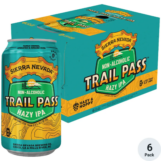 Sierra Nevada Trail Pass Hazy IPA non-alcoholic beer can and six-pack box on a white background