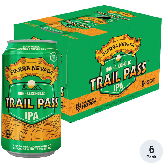 Sierra Nevada Trail Pass IPA non-alcoholic beer can and six-pack box on a white background