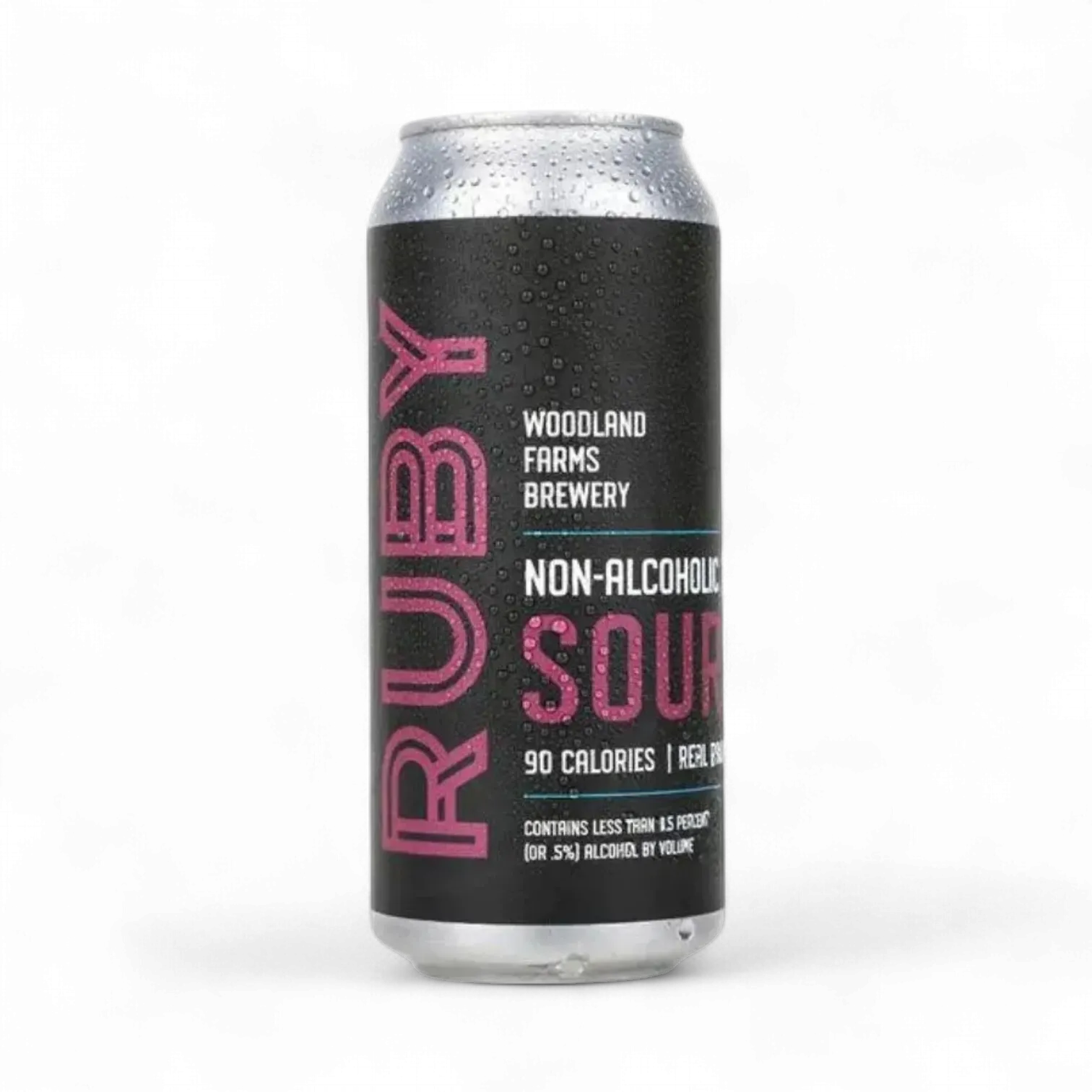 Non-alcoholic sour beer can from Woodland Farms Brewery on a white background