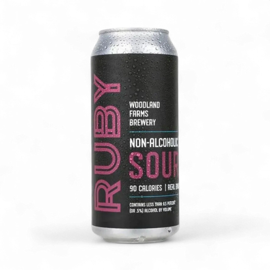 Non-alcoholic sour beer can from Woodland Farms Brewery on a white background