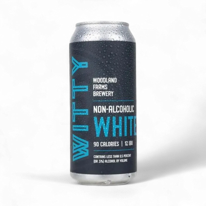 Non-alcoholic beer can from Woodland Farms Brewery on a white background