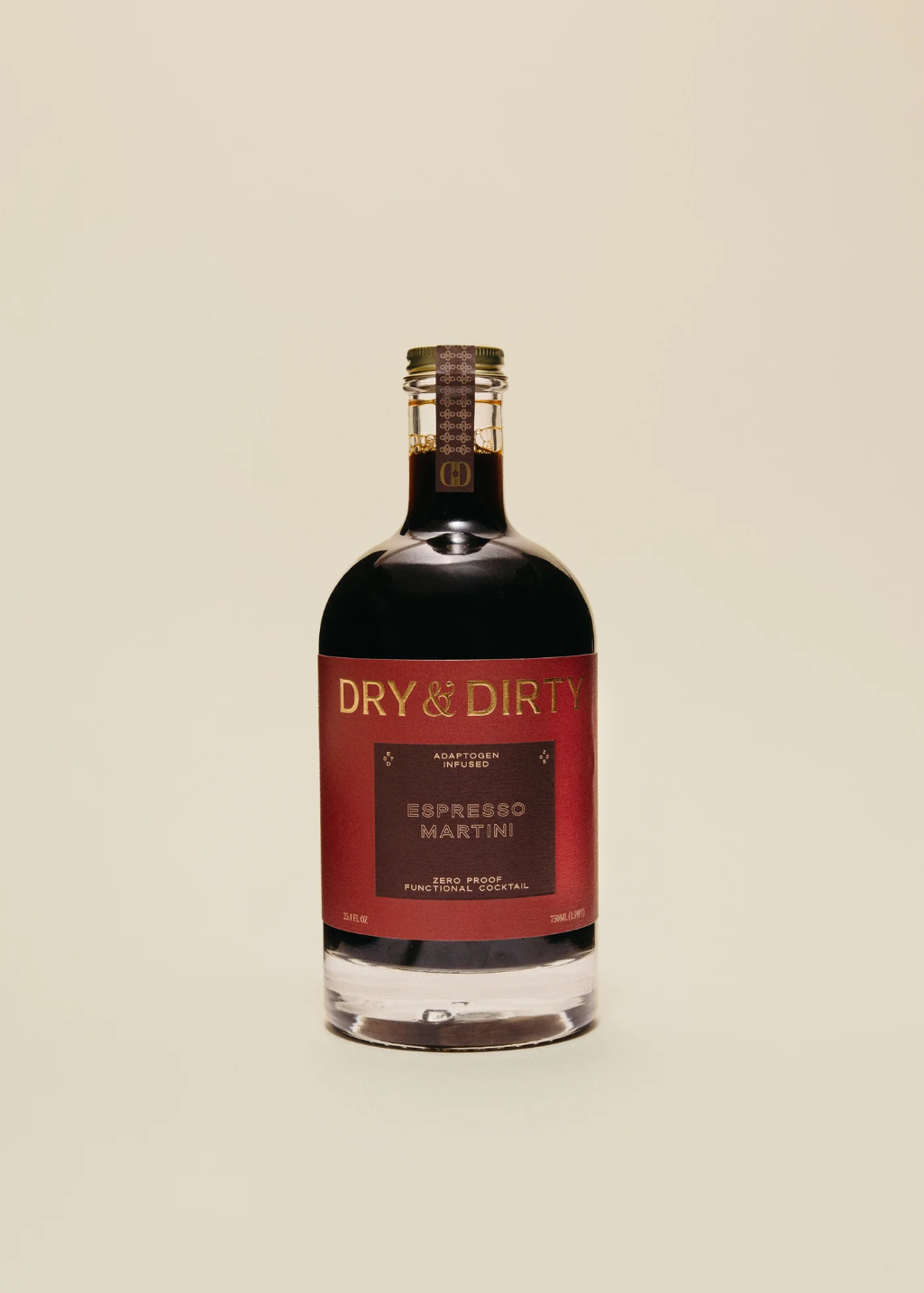 Bottle of Dry & Dirty Espresso Martini on a beige background