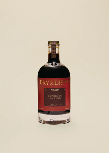 Bottle of Dry & Dirty Espresso Martini on a beige background