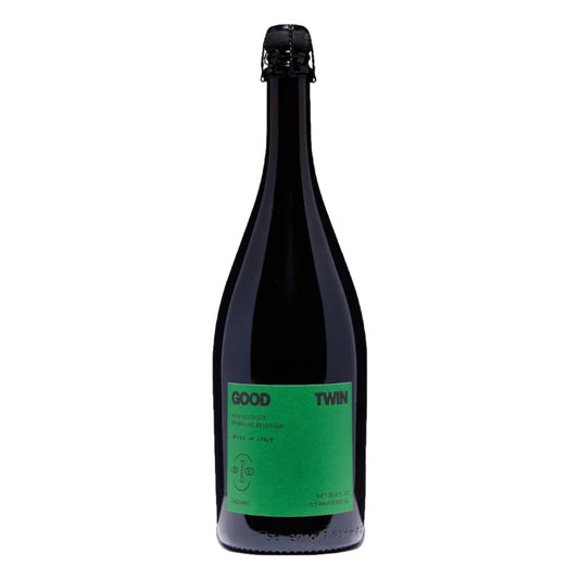 Black wine bottle with a green label on a white background