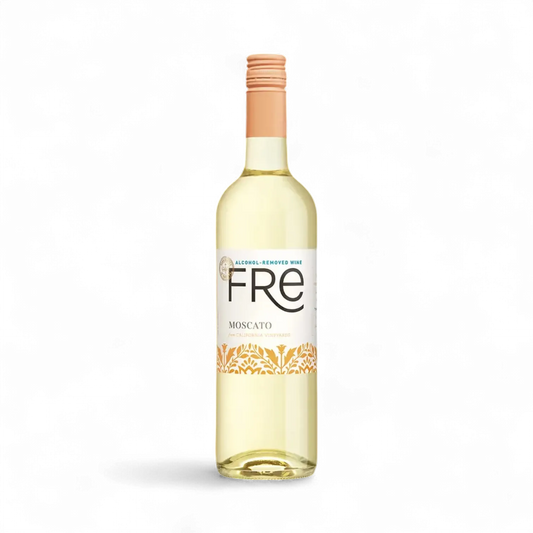 Bottle of FRE Moscato wine on a white background