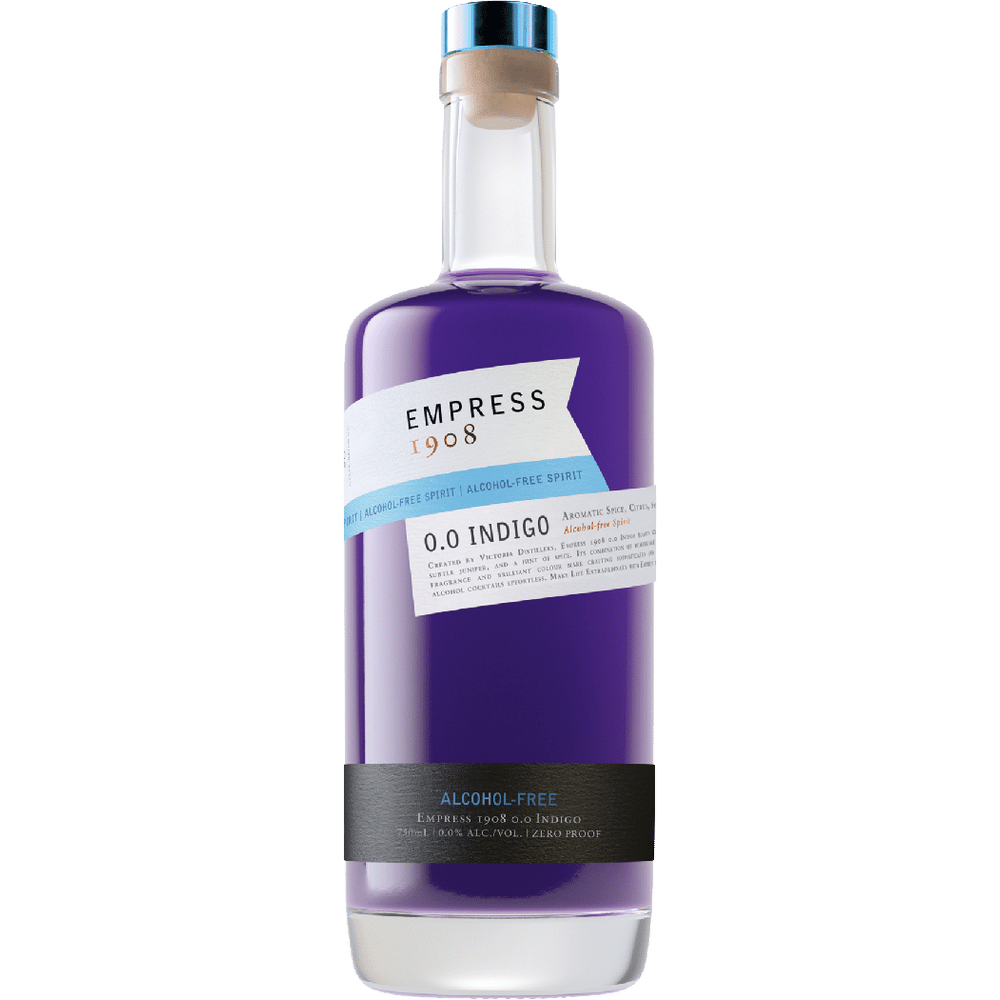 Purple bottle of Empress 1908 0.0 Indigo alcohol-free spirit on a green background