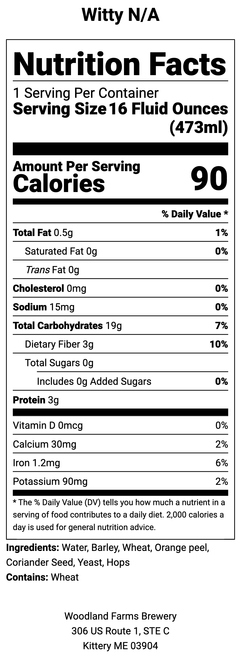 Nutrition facts label for a beverage with serving size, calories, and ingredient list.