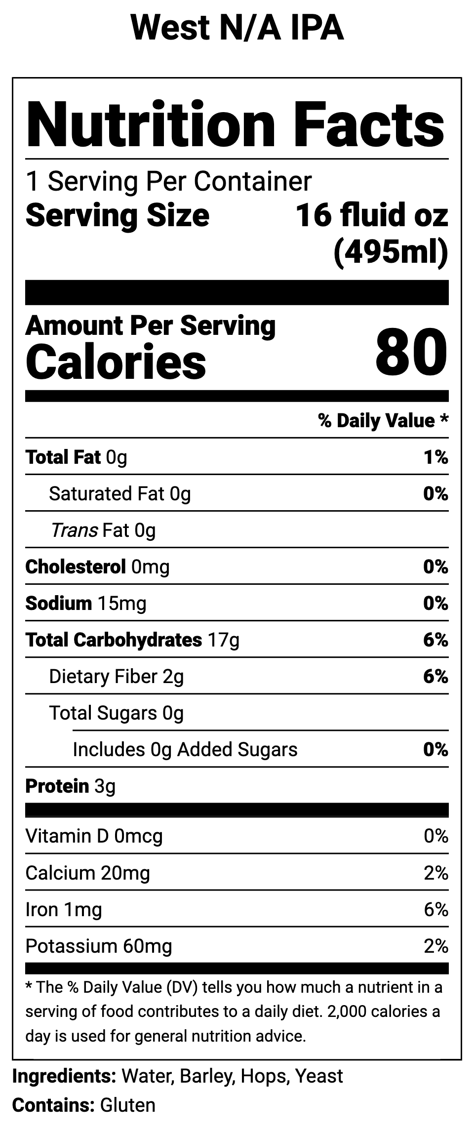 Nutrition facts label for West N/A IPA with serving size, calories, and nutritional content.