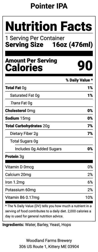 Nutrition facts label for Pointer IPA with serving size, calories, and ingredient list.