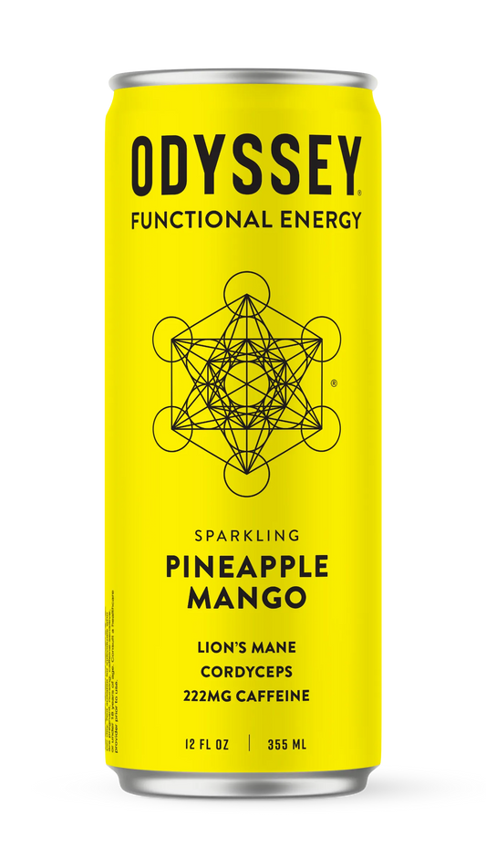 Odyssey Functional Energy drink can with pineapple mango flavor on a white background
