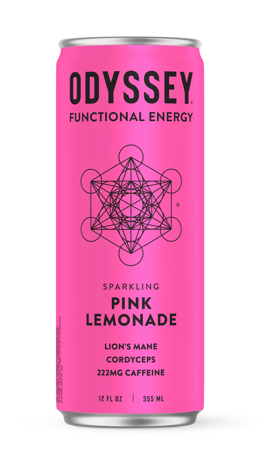 Pink can of Odyssey Functional Energy drink with black text on a white background