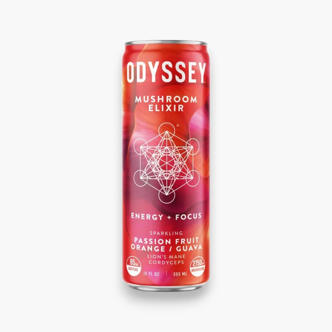 Red can of Odyssey Mushroom Elixir on a white background