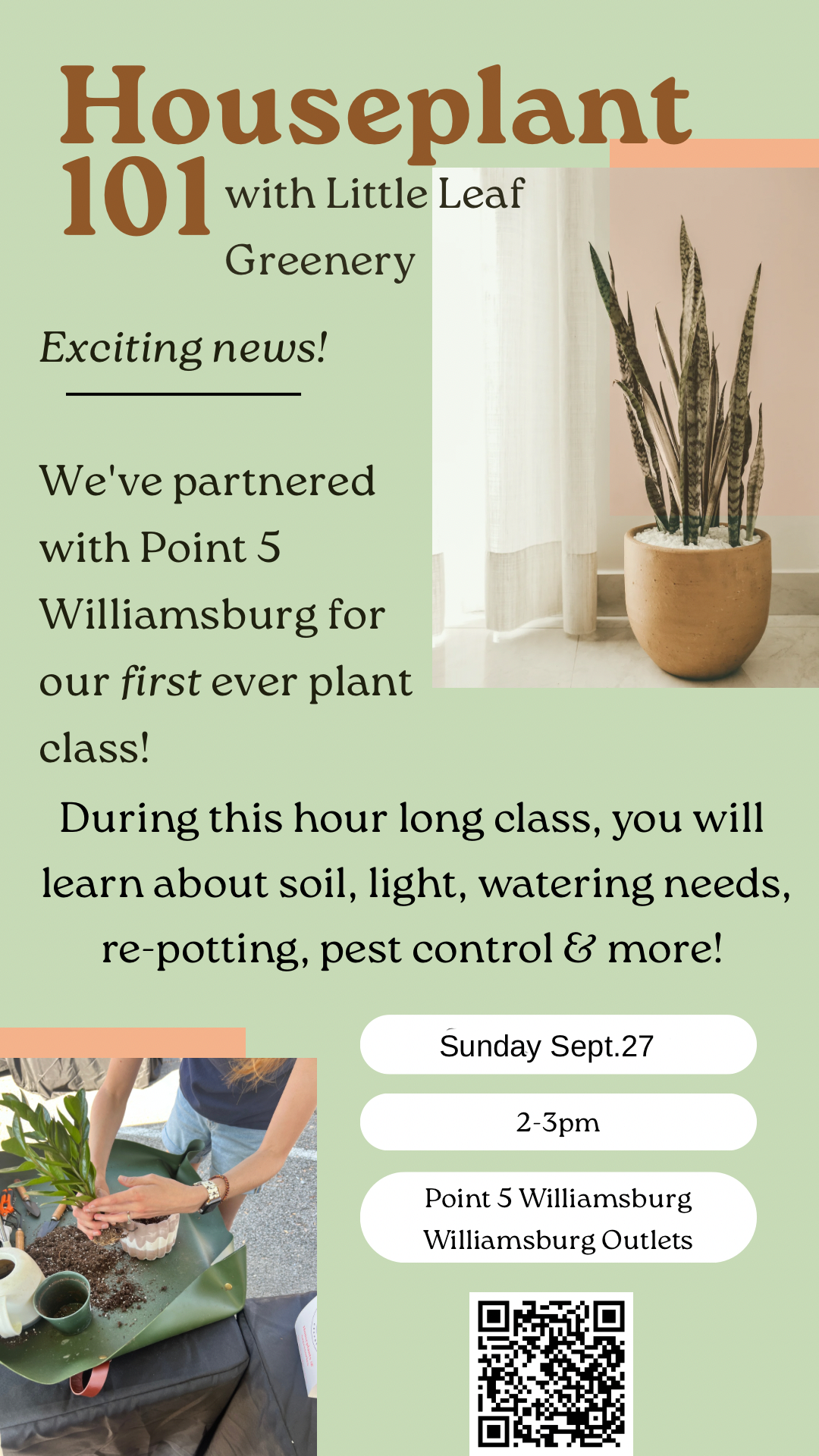Promotional flyer for 'Houseplant 101 with Little Leaf Greenery' featuring a light green background, text about a partnership with Point 5 Williamsburg for a plant class, a photo of a potted snake plant, a small gardening activity photo, and a QR code.