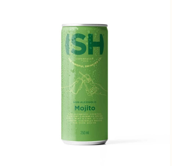 Green can of 'ISH' non-alcoholic mojito on a white background