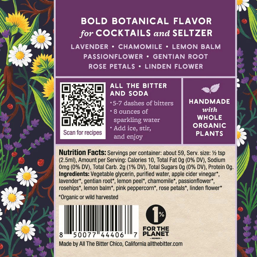 Botanical-themed label for cocktails and seltzer with floral illustrations and text.