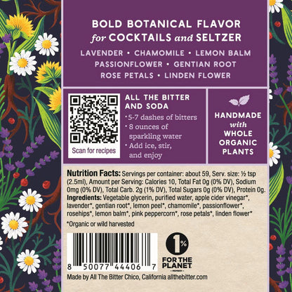 Botanical-themed label for cocktails and seltzer with floral illustrations and text.