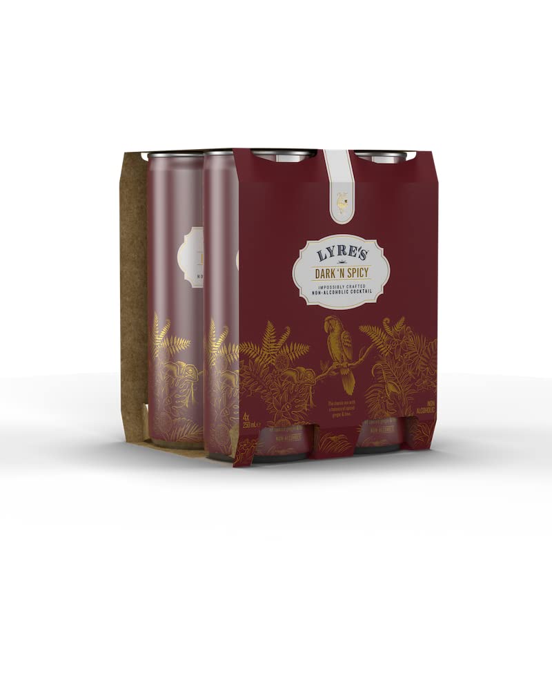 Pack of Lyre's Dark & Spicy cans with decorative design on a white background