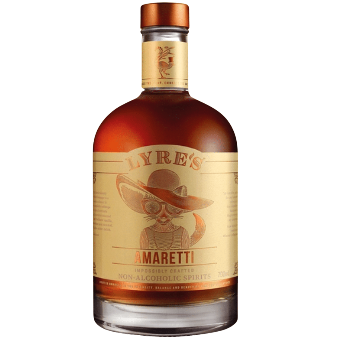 Bottle of Lyre's Amaretti non-alcoholic spirits on a white background