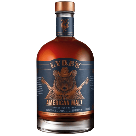 Bottle of Lyre's American Malt non-alcoholic spirits on a white background