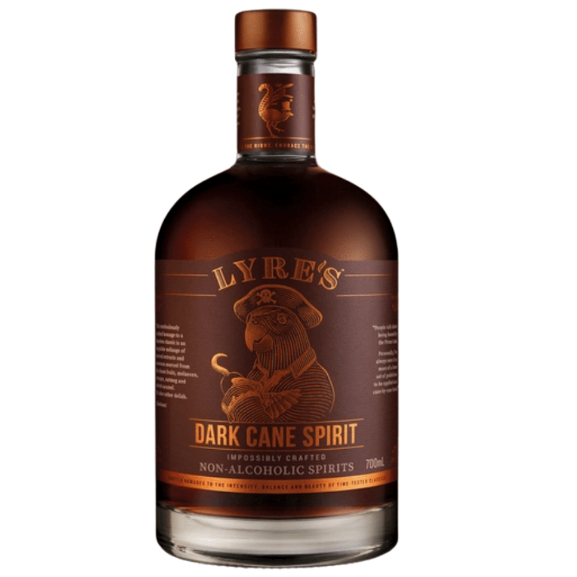 Bottle of Lyre's Dark Cane Spirit on a white background