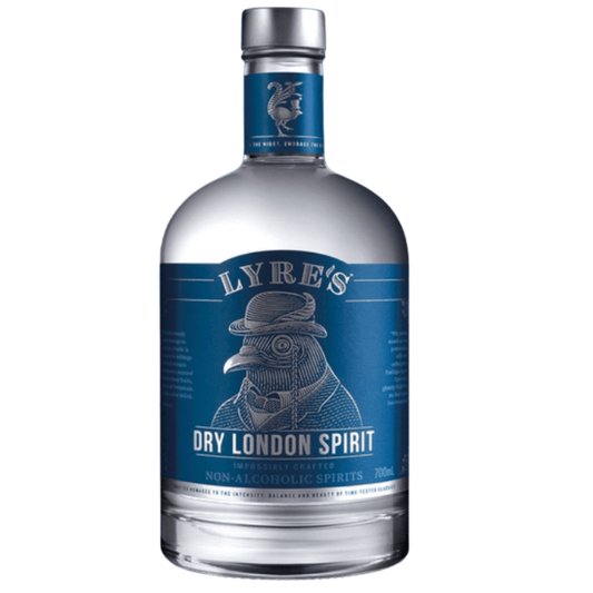 Lyre's Dry London Spirit bottle with blue label on a white background