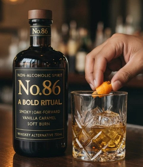 A bottle of No.86 non-alcoholic spirit sits on a wooden bar counter next to a cut-glass tumbler filled with amber liquor and ice, while a hand places an orange peel garnish into the drink.