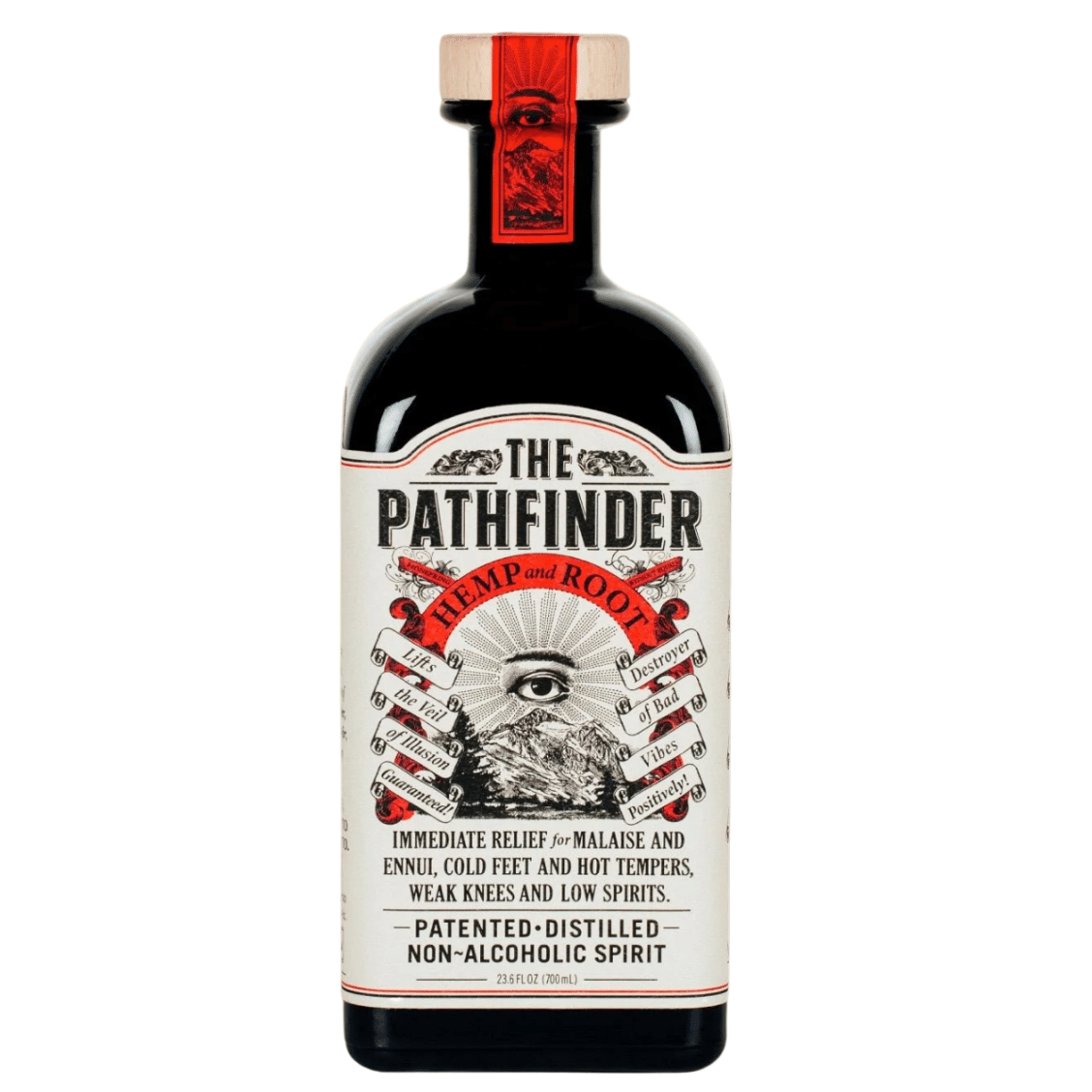 Bottle of 'The Pathfinder' non-alcoholic spirit with a white label on a white background