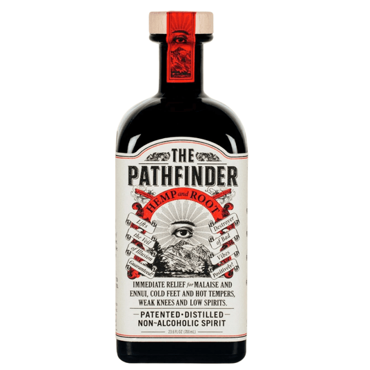 Bottle of 'The Pathfinder' non-alcoholic spirit with a white label on a white background