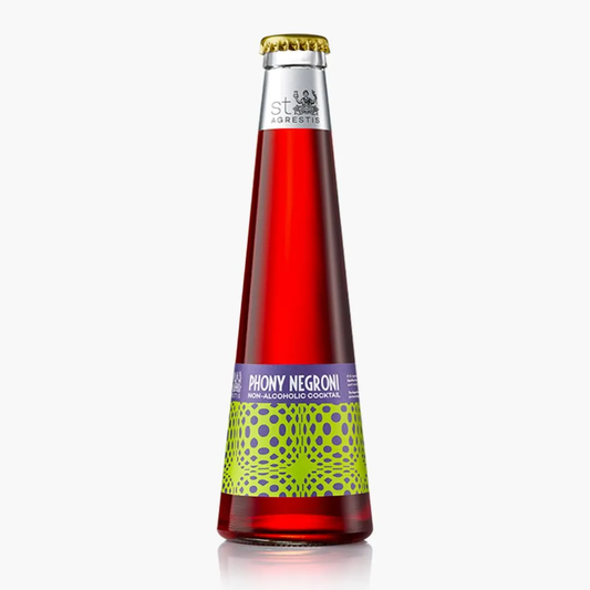 Bottle of 'Phony Negroni' non-alcoholic cocktail on a white background