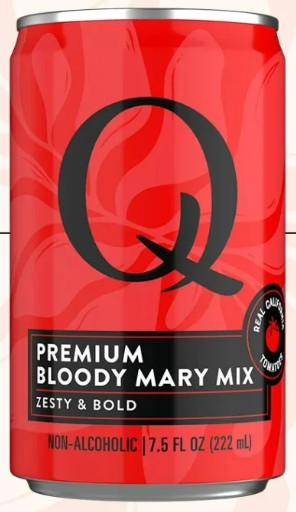 A red beverage can labeled Q Premium Bloody Mary Mix, with a large black Q logo and product text on a light neutral background.