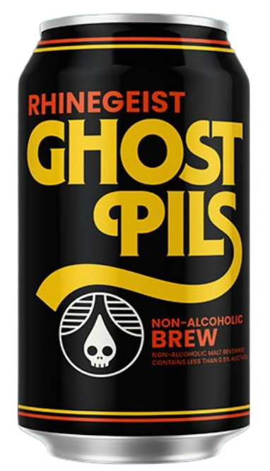 A single can of Ghost Pils Rhinegeist non-alcoholic brew, featuring a black label with bold yellow and red text and a skull logo.