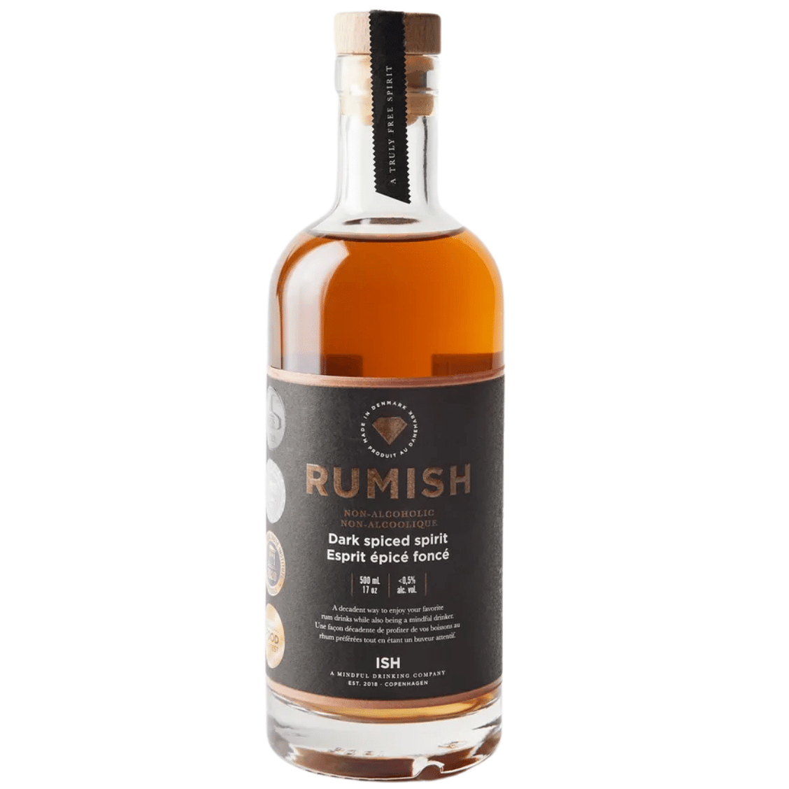 Bottle of Rumish dark spiced spirit on a white background
