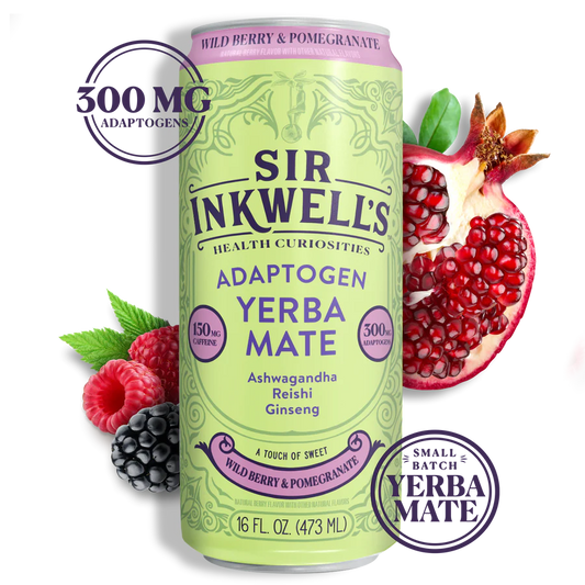 Can of Sir Inkwell's Adaptogen Yerba Mate with wild berries and pomegranate on a white background