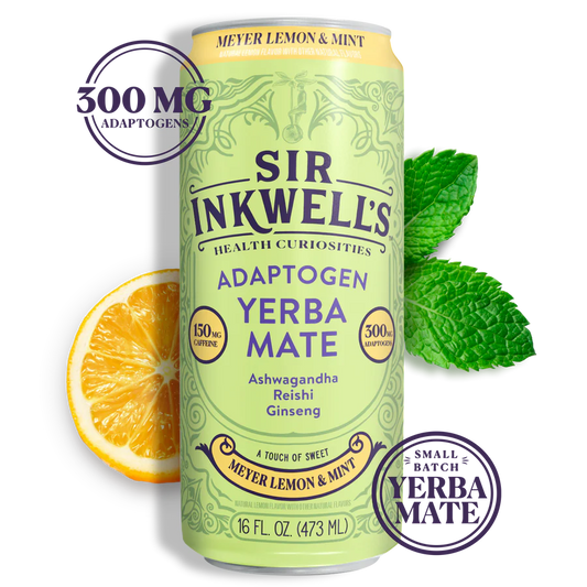 Can of Sir Inkwell's Adaptogen Yerba Mate with lemon and mint leaves on a white background