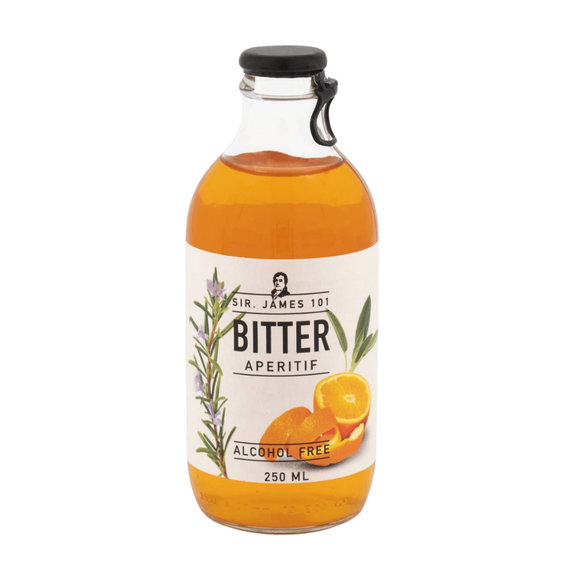 Bottle of Sir James 101 Bitter Aperitif with a white label on a white background