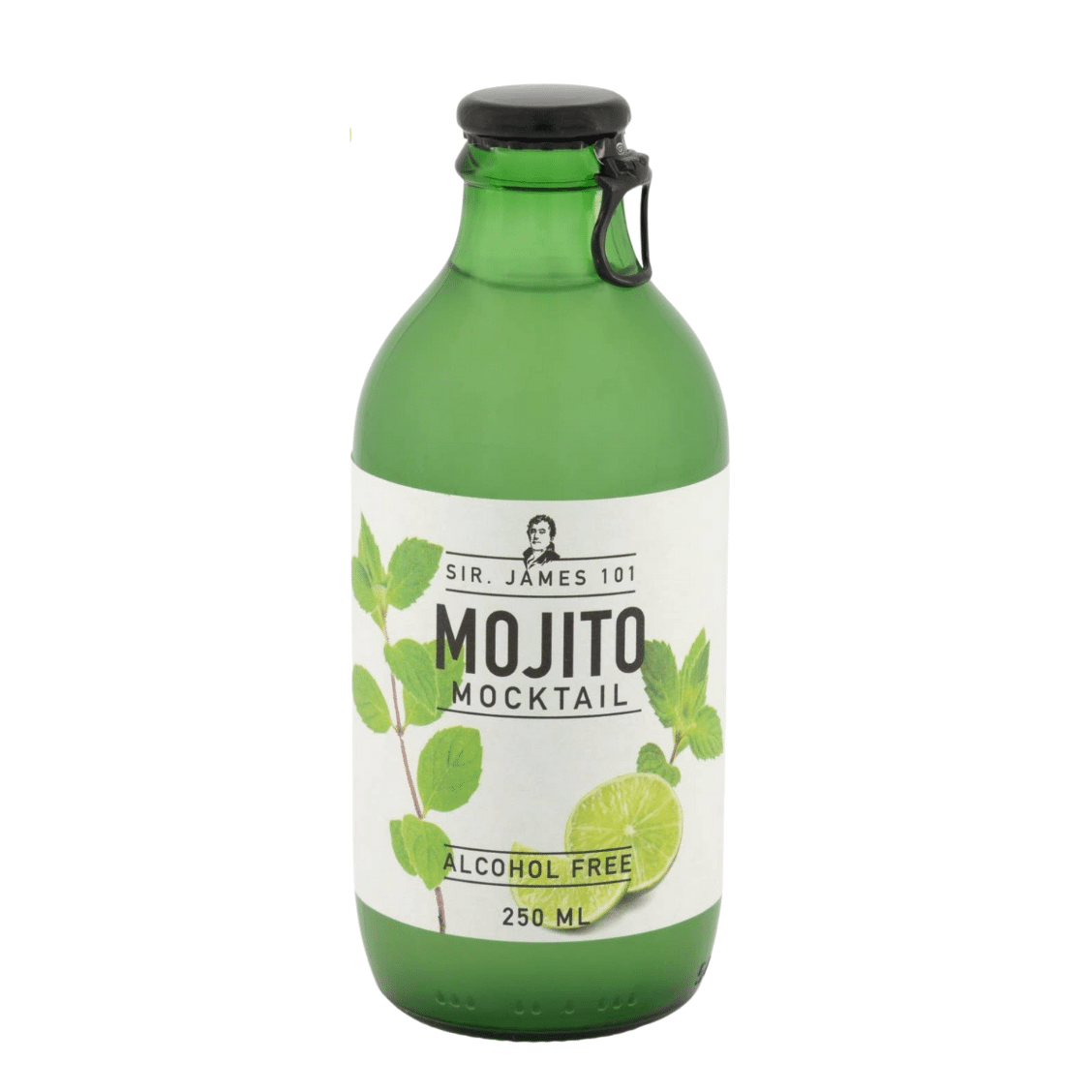 Green bottle of Sir James 101 Mojito Mocktail on a white background