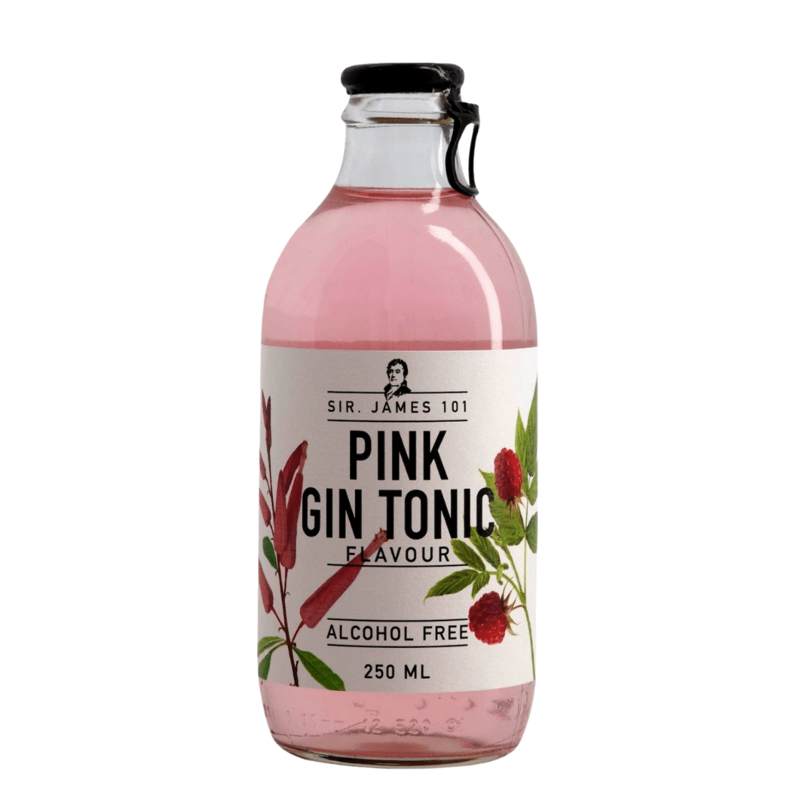 Pink gin tonic bottle with floral design on a white background