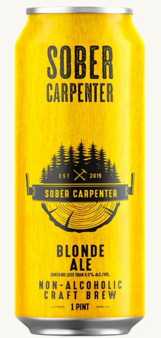 Yellow can of Sober Carpenter Blonde Ale with forest design and text.