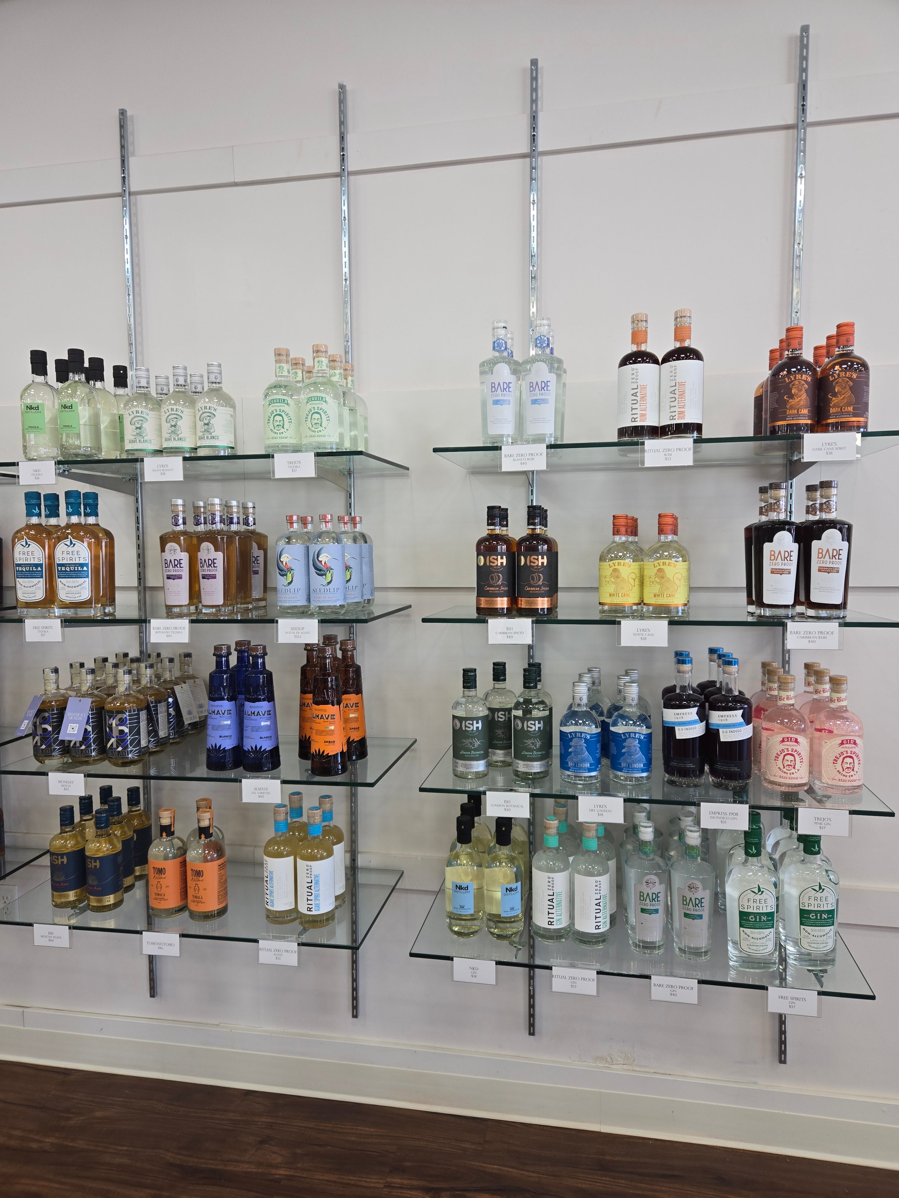 NA Spirits on glass shelving