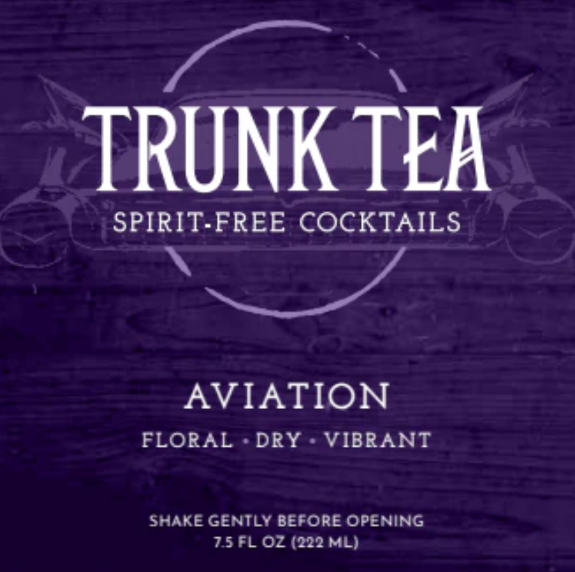 Trunk Tea Aviation cocktail label on a dark purple background